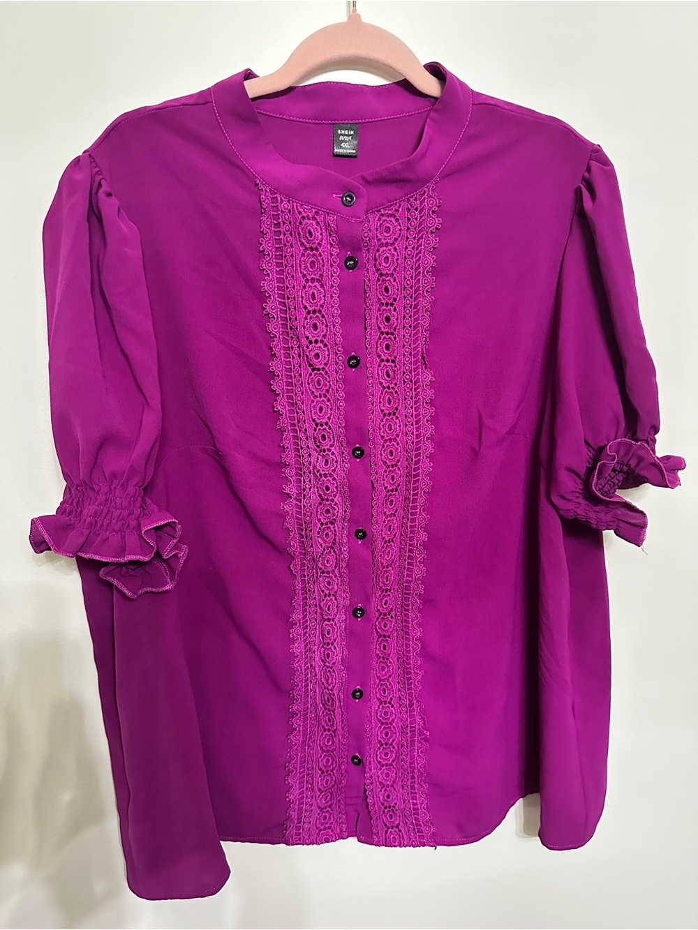 SHEIN Fuchsia Lace-Trim Button Front Blouse
